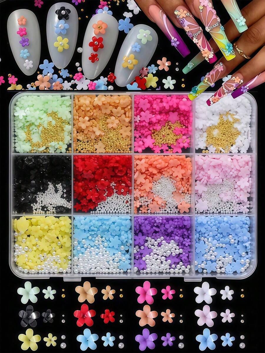 1500pcs Colorful Mini Flower Nail Art Decorations, 3D Acrylic Flower Nail Decor, Pearl Gold & Silver Caviar Beads, Unscented Nail Art Accessories, Suitable For Manicure And DIY Nail Art Nail Supplies Nails - 彩色 - 查看 1