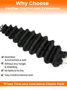 5包250克奇迹结卷曲羽毛钩编发，采用真人发丝，深波浪羽毛线波西米亚钩编辫，真人发沙龙级丝滑无缝隐形，适合细软发质女性，深波浪微预环钩编真人发接发 - Natural Black - 查看 2