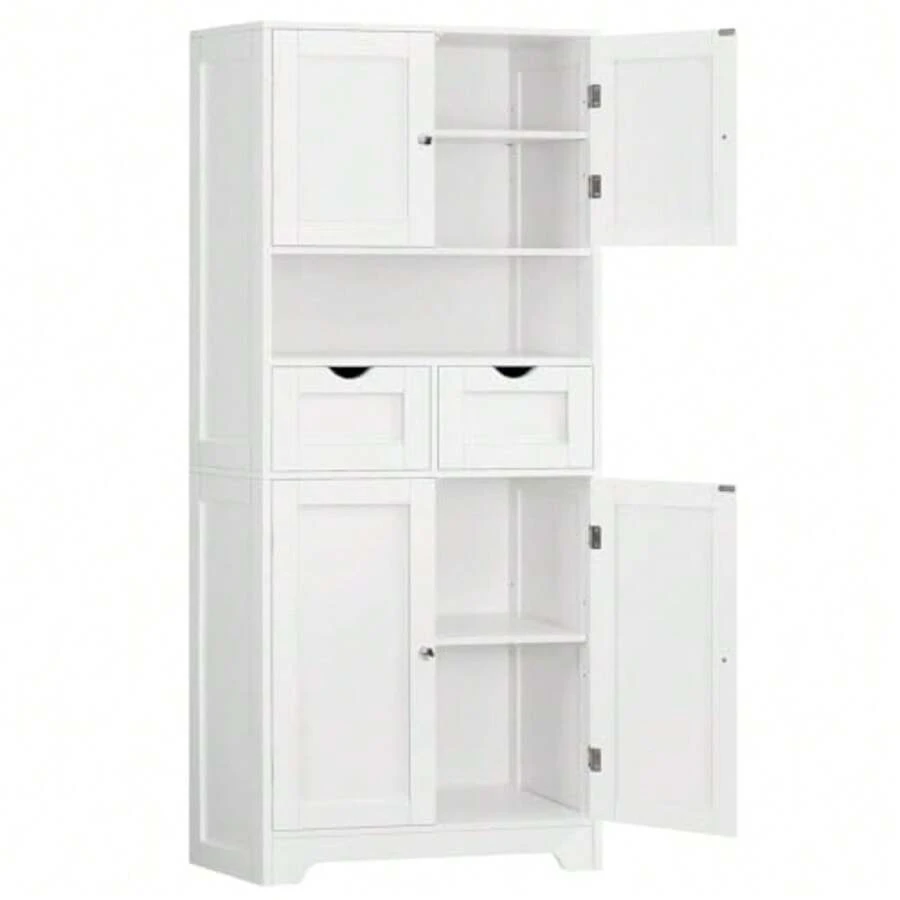 57.8" H Tall Bathroom Storage Cabinet with 4 Doors and 2 Adjustable Shelves Freestanding Bathroom Cabinet with 2 Drawers Kitchen Cabinets and Pantry Cupboard for Kitchen Dining Room White - Blanco, 2 cajones - Ver 1