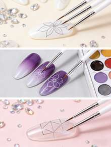3入組專業美甲藝術襯墊刷套裝,美甲繪圖筆帶白色手柄UV凝膠繪畫指甲畫筆 - 白色 - 查看 1