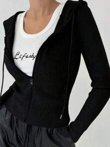 Scacto Women's Slim Fit Solid Color Hooded Jacket - Black - View 1