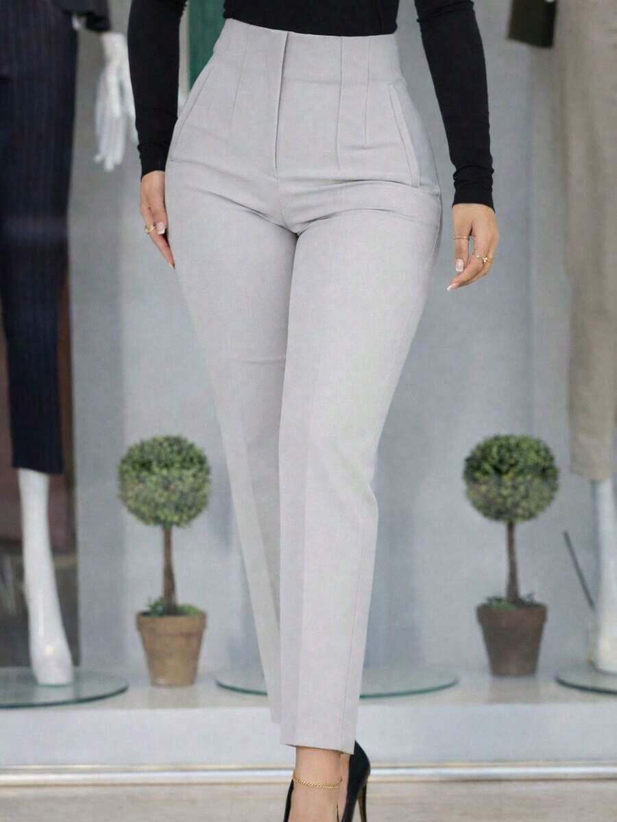 Women's Tailored Trousers ZR Skinny High Waist Slash Pockets Zipper Elegant Formal Look - Xám - Xem 1
