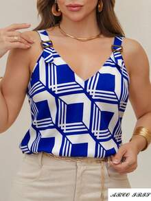 Rainbow Strappy Tank Top With Button, Thick Straps, Plain Viscose Blouse, Dune Print, Sizes M, G, GG (36-42), Summer, Women's, Casual, Elegant And Comfortable - 109-藍色 - 查看 4