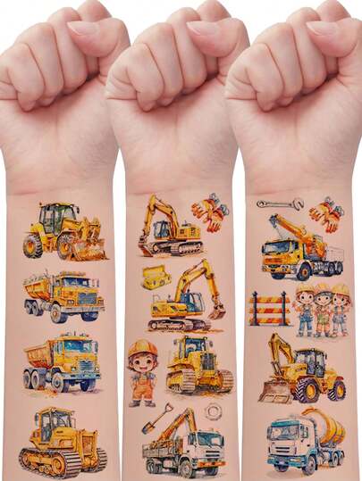 12张闪光临时纹身贴纸，工程车辆系列，包含148个挖掘机、推土机、起重机、搅拌车、自卸车、运输车元素图案的假纹身贴纸，闪亮有趣的卡通纹身贴纸，适合生日、节日派对等场合。