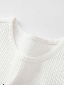 Balabala Girls' Ribbed Short Sleeve Graphic T-Shirt With Cold Shoulder & Bow Detail; Summer Cute Casual Top - Original White - View 3