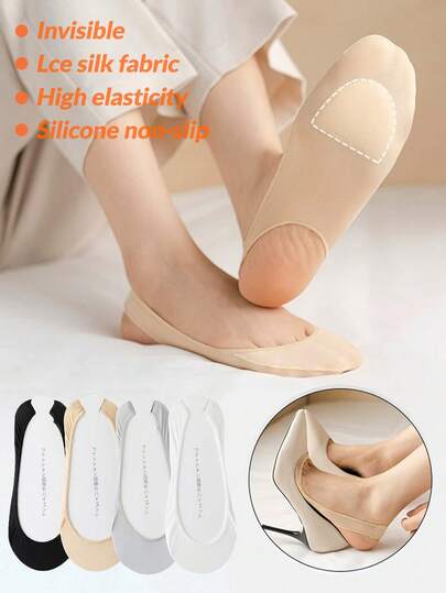 Non-Slip No-Heel Invisible Socks Women's Multi-Color Sponge Sole Boat Socks Ice Silk High Heel Socks Sole Spring And Summer Shallow Mouth Socks 1/4/8 Pairs (Without Cardboard)