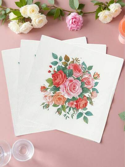 20 khăn giấy ăn dùng một lần họa tiết bó hoa hồng lãng mạn, 2 lớp, kích thước 13*13 inch, thích hợp cho tiệc cưới, kỷ niệm, sinh nhật, tiệc cô dâu, trang trí tiệc Ngày của Mẹ và sử dụng hàng ngày.