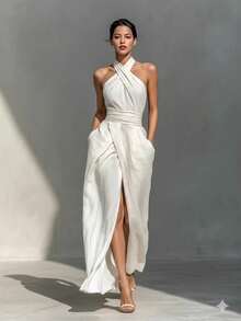 Women's Elegant White Sleeveless Bodycon Dress - trắng - Xem 3