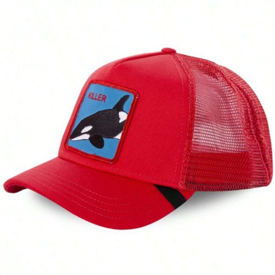 Animal Trucker Hats Leather Pattern Adjustable Snapback Mesh Animal Baseball Cap For Men - 紅色 - 查看 1