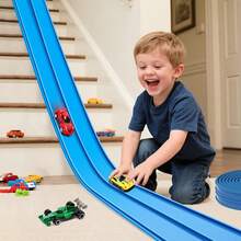 儿童双轨赛车玩具套装，PVC软橡胶轨道可自由弯曲连接，配有2/4辆迷你赛车，无需电池，重力驱动，灵活的赛车轨道玩具，DIY双轨赛车轨道，儿童游戏礼物 - 彩色 - 查看 6