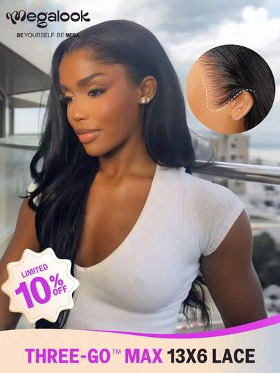 MEGALOOK 13x6 三片式蕾丝前假发，柔顺直发，预修剪发际线，漂白发结，无需胶水，150%/200% 密度，预拔毛透明蕾丝，自然色，适合女性日常办公、聚会、Y2K 风格、度假、户外、角色扮演、校园、节日、万圣节、复活节等场合。