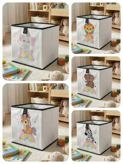 1pc Cartoon Rainbow & Cute Animal Print Open Storage Box, Foldable Diaper & Toy Organizer Basket, Baby Room Storage Bin, Drawers Style Durable Multi-Purpose, Space-Saving Design For Home, Dorm, Household Organization, Under Bed Storage