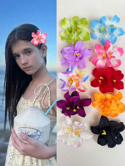 10个夏威夷花朵发夹，人造花朵发夹，芙蓉花发夹，莲花发夹，适合假日海滩派对、夏季热带花朵发饰、婚礼派对、送给女孩的礼物、母亲节礼物、发爪、发夹、发卡、学习用品、头部饰品、发卡