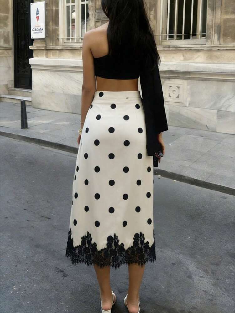 Falda de encaje con lunares vintage | Base beige con lunares negros + dobladillo de encaje, vibra romántica para mujeres maduras. Falda de playa elegante de primavera con lunares contrastantes y empalme de encaje - Albaricoque - Añade 2