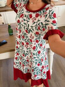 Women's Floral All-Over Print Petal Hem Short Sleeve Nightgown, Suitable For Loungewear - Red - View 3