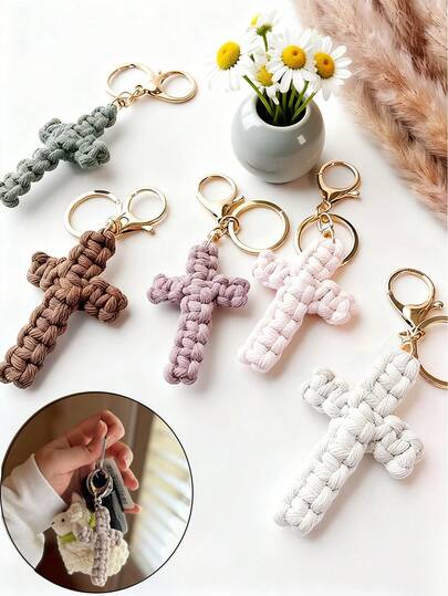 Macrame Cross Keychain, Jesus Key Chain, Christian Car Accessories Handmade Soft Cross Keychain Boho Decor, Purse Accessories Charm, Elegant Car Ornament, Backpack Charms, Purse Pendant, Lightweight And Versatile, Fashionable, For Car Keys & Handbag Charm, Easter, Mother'S Day, Independence Day Gift