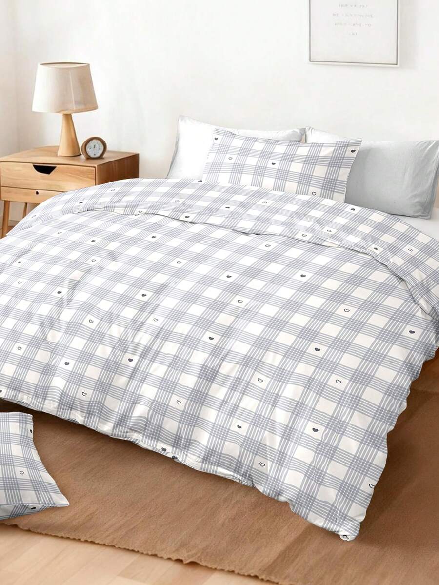 三件套格子爱心印花被套，超柔软透气超细纤维面料，四季皆宜，可机洗，不易褪色、起球、缩水，适合简约、可爱、复古风格的卧室，适用于特大号/大号/标准双人床，是居家、宿舍、公寓、酒店、度假租赁和送礼的理想之选。 - 彩色 - 查看 1