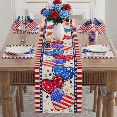 1pcStripe Heart America Stars 4th Of July Table Runner Memorial Day Patriotic Table DecoHRtion For Party Home Kitchen Dining Holiday Decor