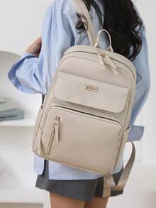 Ransel Wanita Bahan Nylon Warna Polos Berbahan Quilted, Kapasitas Besar, Serbaguna, Tas Pelajar Kasual Minimalis, Tas Komuter, Perlengkapan Sekolah. - Krem - View 6