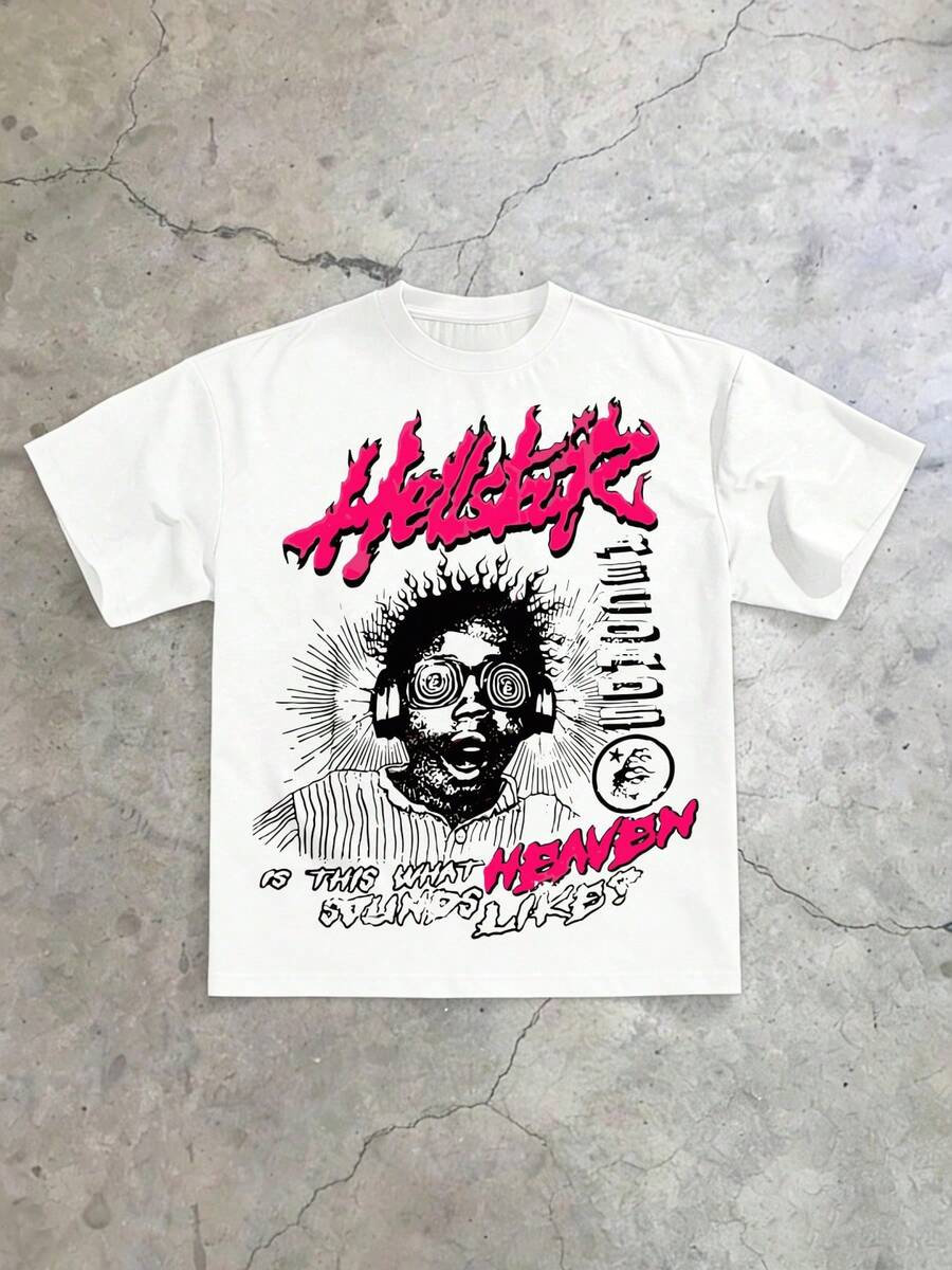 Hellstars Is This What Heaven Sounds Like? Y2K Graphic T-Shirt,220g 100% Cotton,Round Neck Short Sleeve,Cream Streetwear Essential,Unisex Style - White - View 1