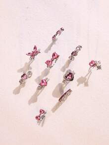 10pcs/Set Elegant High-End Unique Exquisite Fashion Pink Crystal Rings, Butterfly & Heart Shaped, Romantic Date Gift, Daily Wear Jewelry - Pink - View 7