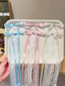 优雅蕾丝缎面长蝴蝶结发夹，镶嵌水钻，粉色、白色、蓝色侧刘海发夹，提升氛围的拍照道具，适合日常和节日使用。 - 彩色 - 查看 4