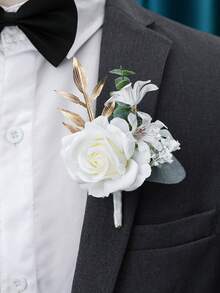 1pc/6pcs White Airen Rose With White Daisy Baby's Breath Romantic Boutonniere, Suitable For Groom, Bride, Groomsman, Bridesmaid, Wedding, Engagement, Anniversary, Party - White - View 2