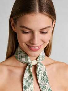 1件装女士绿色格子扁平珍珠真丝围巾项链，独特设计，可调节布艺颈链配饰 - 綠色細格紋(扁珠) - 查看 4