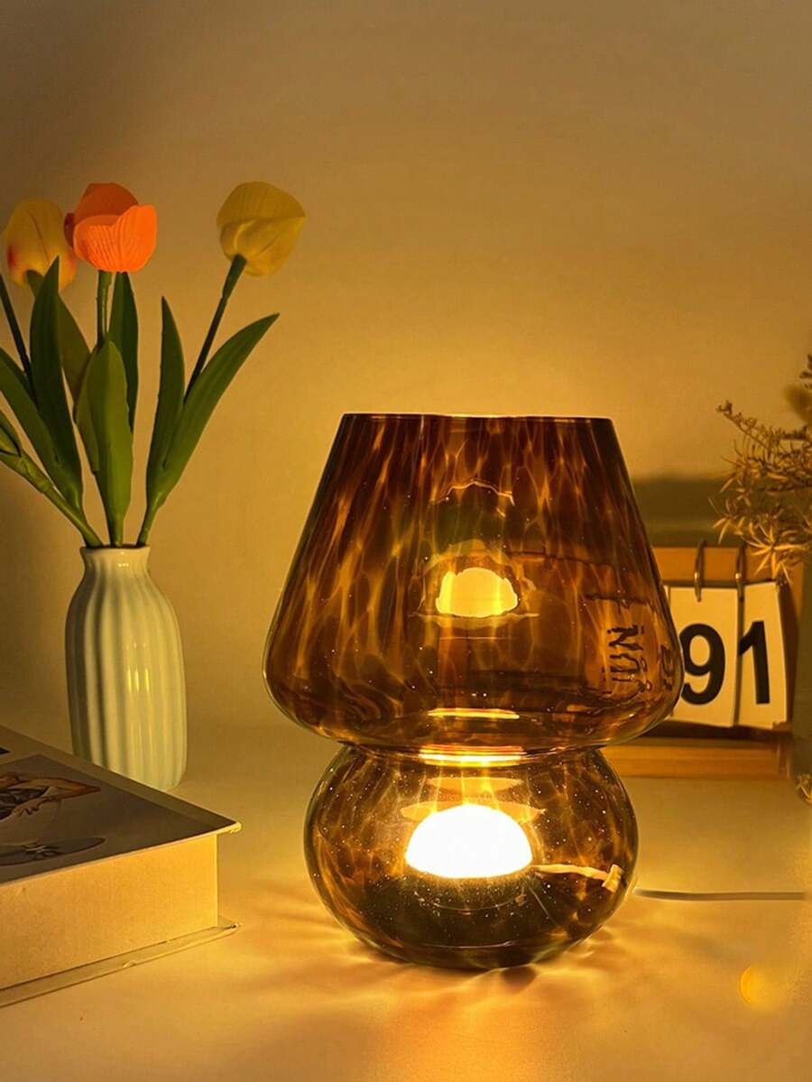 Đèn bàn LED hình nấm thủy tinh màu hổ phách hiện đại, đèn bàn tạo hiệu ứng gợn sóng nước chạy bằng USB, thích hợp cho phòng ngủ và giường ngủ. - Một cỡ - Xem 1
