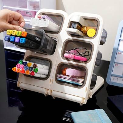 Hộp đựng đồ dùng văn phòng 3 ngăn có giá đỡ bút nghiêng, hộp nhựa gấp gọn và tháo rời tiện dụng cho trường học, văn phòng, đựng cọ trang điểm, bút dạ, bút chì - Hộp đựng đồ dùng văn phòng phẩm và dụng cụ nghệ thuật tiết kiệm không gian, dễ lắp ráp, di động tiện lợi cho bàn làm việc.
