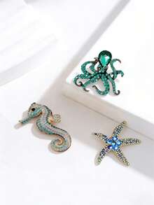 Bộ 3 ghim cài áo hình sao biển, cá ngựa và sinh vật biển thời trang. - Màu xanh lam - Xem 2