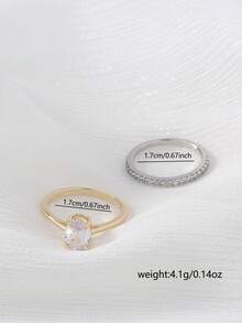 2pcs/Set Gold & Silver Cubic Zirconia Ring Set, Wedding & Engagement Rings For Women - Multicolor - View 7