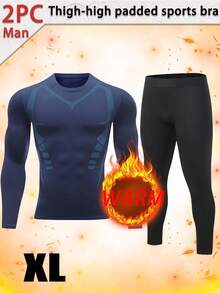 Two Piece Boyfriend Style Men's Set, Men's Compression Set, Quick Drying Fitness Set, Wool Lined Leggings And Pants, Long Sleeved Exercise Training Set, Sports Bra And Leggings, Suitable For Gym Wear, Boyfriend Gift Selection - Navy Blue - View 7