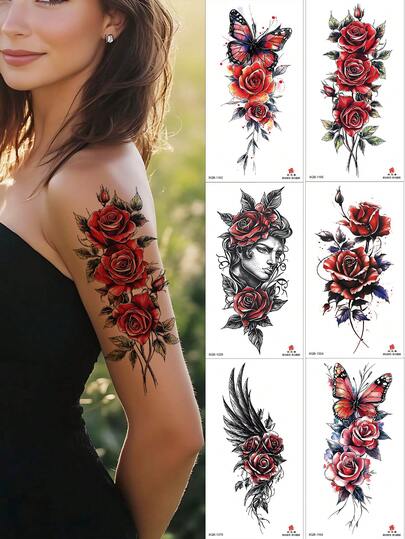 6pcs Colorful Rose & Butterfly Temporary Tattoos, Waterproof, Sweat-Proof, Suitable For Waist, Arm, Chest, Leg, Fashionable Floral Design For Daily Use, Party, Wedding And Special Occasions