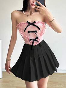 YeonC 女士露肩粉色吊带喇叭形短款上衣，饰有蝴蝶结细节和不对称下摆，采用高弹力涤纶面料 - 粉色 - 查看 3