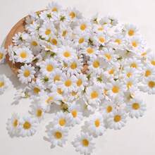 200 piezas de cabezas de flores de margarita artificial - Crisantemo falso para manualidades DIY y accesorios para el cabello - Blanco - Ver 2