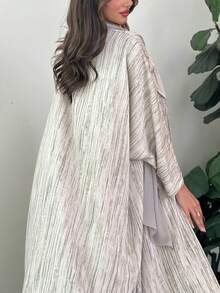 1件優雅條紋休閒開衩袖口精緻綁腰條紋印花長款阿巴雅開襟長袍披肩，適合日常穿著與聚會，秋季適用 - 彩色 - 查看 3