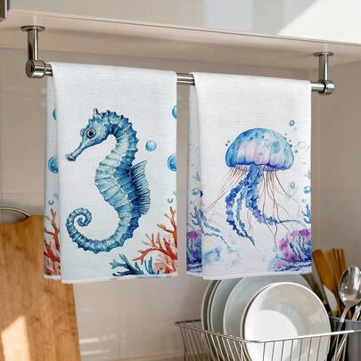 2 piezas Toallas de cocina con estampado de animales marinos, 100% poliéster, toallas de limpieza de cocina, adecuadas para restaurante, cocina y decoración del hogar; de secado rápido, ligeras, resistentes a la decoloración, con poco desprendimiento, anti-moho, alta solidez del color, tamaño 40*60cm