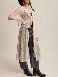 Women Lace Mesh Flowy Maxi Top Tie Front Cardigan Sheer Long Sleeve Ruffled Layering Shirt Cover Up - 白色 - 查看 3