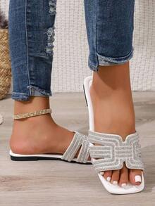 Women's Rhinestone Embellished Luxury Flat Slide Sandals, Fashion Casual Strap Outdoor Slippers For Spring/Summer, Comfortable Flat Heel Round Toe Beach Shoes - 白色 - 查看 5