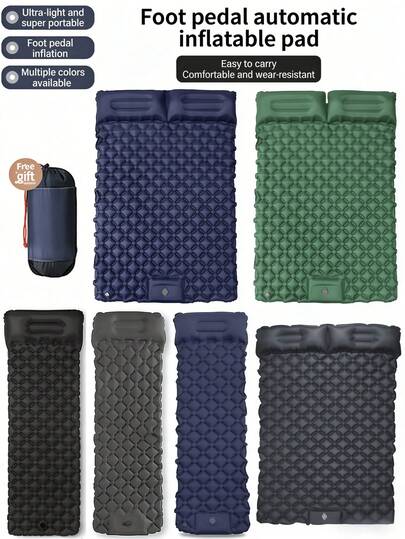 1 tấm đệm ngủ đôi bơm hơi có gối tích hợp và bơm hơi, siêu nhẹ, di động, chống thấm nước, thích hợp cho cắm trại.