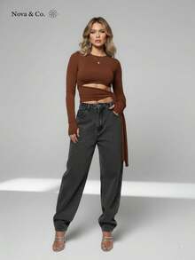 Women's Cropped Top In Spandex Fabric, Long Sleeves, Tie Waist, Draped Detail, Tummy Control, Fitted, Elegant, Brown - 咖啡棕色 - 查看 4
