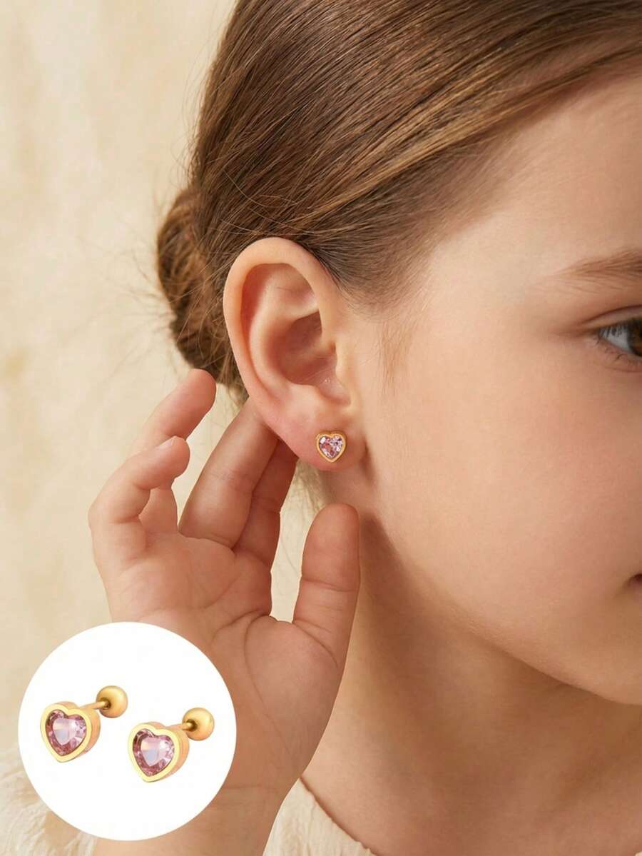 1 Đôi bông tai hình trái tim bằng thép không gỉ mạ vàng, đính đá Zirconia, dễ thương, phụ kiện trang sức thời trang, quà tặng Ngày của Mẹ, quà tặng bông tai - Vàng - Xem 1