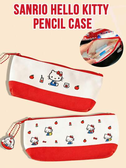 Sanrio Hello Kitty Deluxe Pencil Case Set - Large Capacity Red & White Canvas Zipper Pouch With Cute Cartoon Kitty Embroidery & Apple Patterns, Includes Hello Kitty Keychain Charm, Stylish Stationery Storage Bag For Back To School, Birthdays & Holidays, Must-Have Accessory For Hello Kitty Enthusiasts