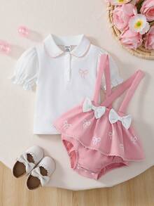 两件套夏季女宝宝柔软透气POLO领泡泡袖上衣+蝴蝶结背带裤套装 - 彩色 - 查看 1