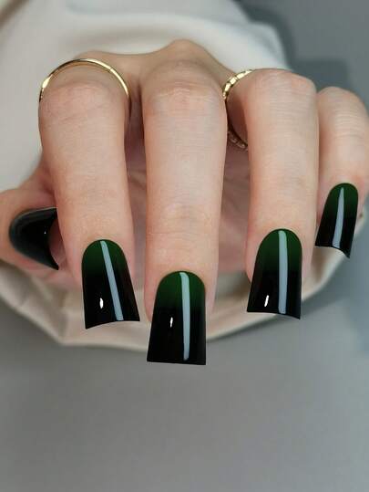 30pcs Duck Shaped Nail Stickers - Medium Fan-Shaped Nail Stickers, Black & Green Ombre French Full Coverage Acrylic Nail Stickers, 15 Sizes, Suitable For Women's Nails, Manicure Supplies For Daily Work, Parties & Events