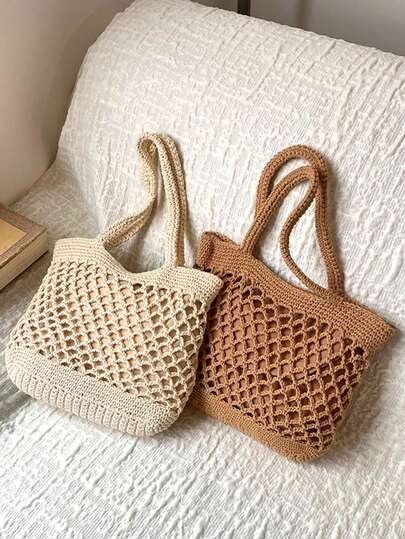 Hollow Knitted Bag, Casual Cotton Yarn Woven Handbag, Handmade Crochet Mesh Woven Bag, Retro Cotton Yarn Shoulder Bag, Minimalist Solid Color Commuter Tote Bag, Hollow Casual Handbag, Spring/Summer Versatile Underarm Bag