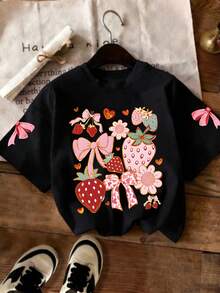 Cute Strawberry Bow Print Round Neck T-Shirt, Girls' Casual Summer Top, New Arrival - Black - View 1