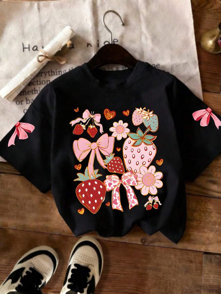 Cute Strawberry Bow Print Round Neck T-Shirt, Girls' Casual Summer Top, New Arrival - Black - View 1