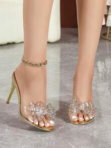 Women's Fashion High Heel Shoes, Jelly Gel, One-Strap, Slip-On, Rhinestone, Party, Transparent Rhinestone Bow, Transparent Style, Open Toe, Open Heel, Transparent Crystal Heel, Thin Heel, Classic Round Toe Sandals, Summer, Outdoor Style, Regular Style, Women's Silver Sandals, High Heel Slippers, Shiny, Sexy, Versatile - Gold - View 4